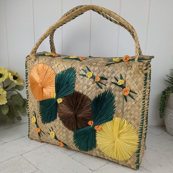 Vintage Large Woven Straw Raffia Bag Tote 1960s MCM Beach Floral - Picture 1 of 16